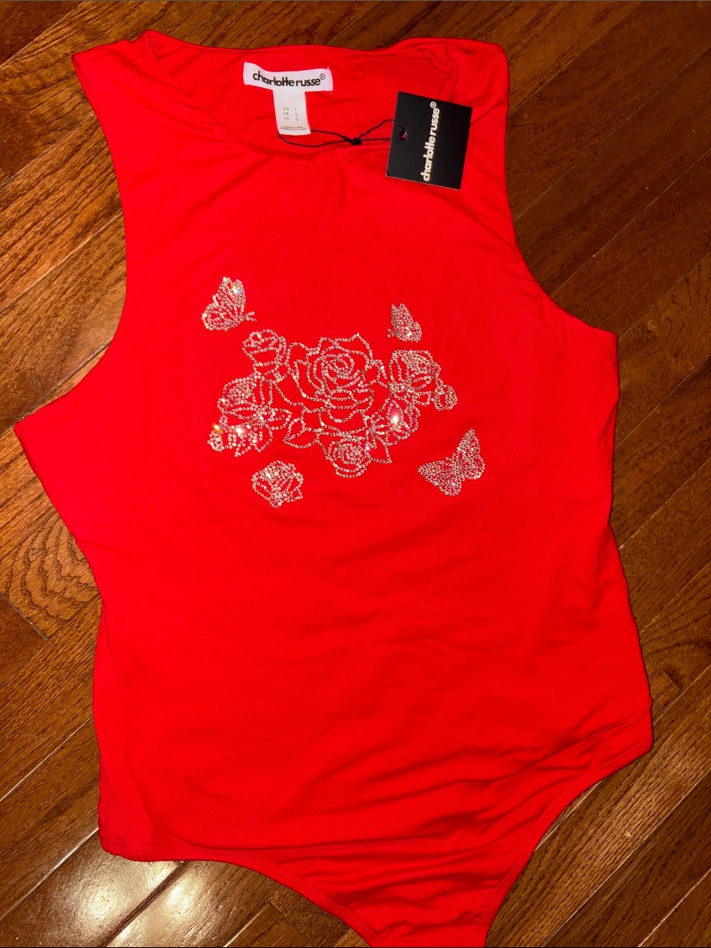 Charlotte Russe NWT LARGE Red Rhinestone Rose & Butterfly Sleeveless Bodysuit